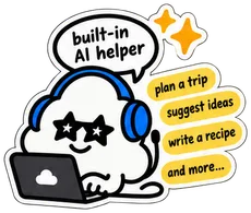 The cloud in headphones at a laptop, with ideas floating around: plan a trip, suggest ideas, write a recipe, and more