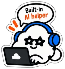 The cloud in headphones at a laptop. It says: Built-in AI helper