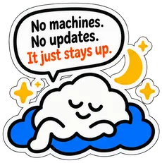 The cloud asleep under a moon. It says: No machines. No updates. It just stays up.