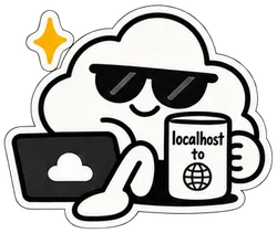 The cloud in sunglasses at a laptop, with a mug that reads localhost to the world
