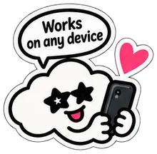 The cloud holding a phone. It says: Works on any device